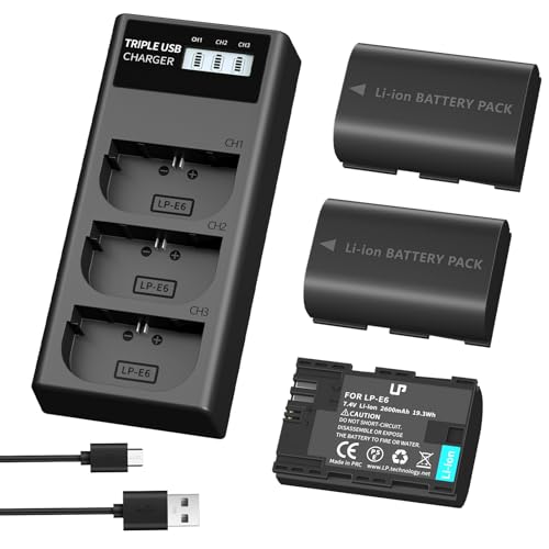 LP LP-E6 LPE6N Battery Charger Pack, 3-Pack Battery+Triple Slot Charger Compatible with Canon EOS R6 R5 R 90D 80D 70D 60D 60DA 6D 6D Mark II 5D Mark II/III/IV 5DS 5DS R 7D 7D Mark II XC15 XC10 4K/6K - Image 1