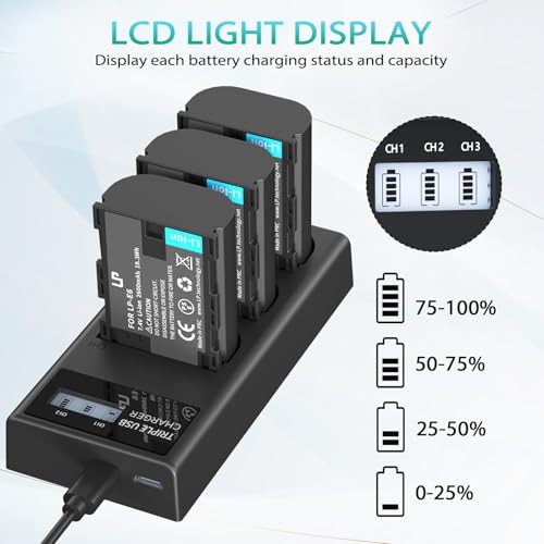 LP LP-E6 LPE6N Battery Charger Pack, 3-Pack Battery+Triple Slot Charger Compatible with Canon EOS R6 R5 R 90D 80D 70D 60D 60DA 6D 6D Mark II 5D Mark II/III/IV 5DS 5DS R 7D 7D Mark II XC15 XC10 4K/6K - Image 4