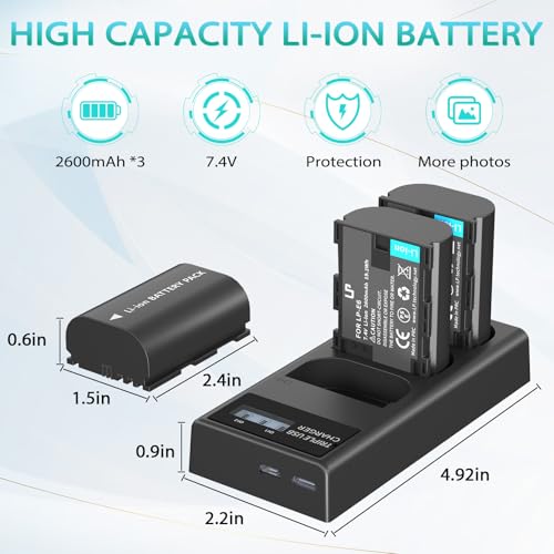 LP LP-E6 LPE6N Battery Charger Pack, 3-Pack Battery+Triple Slot Charger Compatible with Canon EOS R6 R5 R 90D 80D 70D 60D 60DA 6D 6D Mark II 5D Mark II/III/IV 5DS 5DS R 7D 7D Mark II XC15 XC10 4K/6K - Image 3