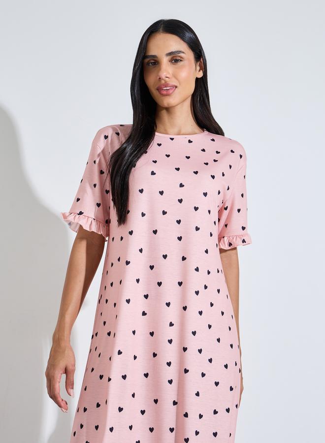 Styli Pink All Over Heart Print Ruffled Short Sleeves Sleep T-Shirt Dress - Image 2