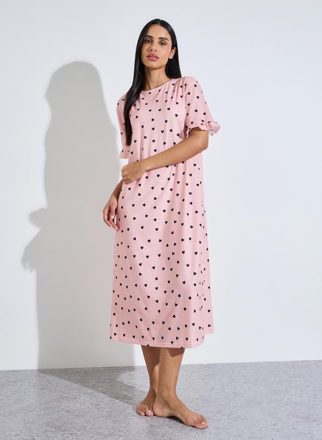 Styli Pink All Over Heart Print Ruffled Short Sleeves Sleep T-Shirt Dress - Image 1
