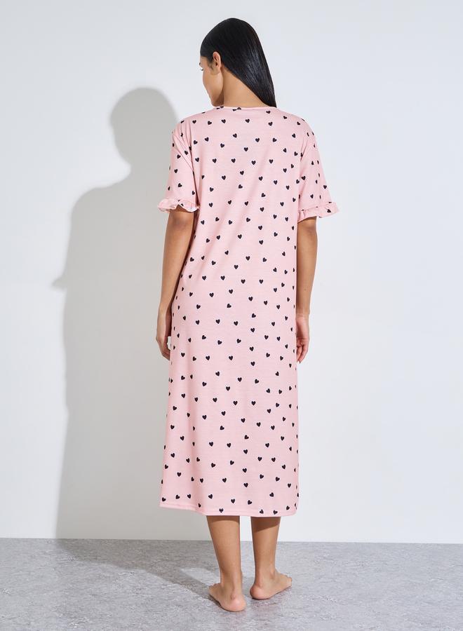 Styli Pink All Over Heart Print Ruffled Short Sleeves Sleep T-Shirt Dress - Image 4