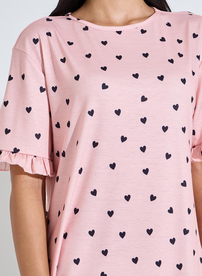 Styli Pink All Over Heart Print Ruffled Short Sleeves Sleep T-Shirt Dress - Image 3