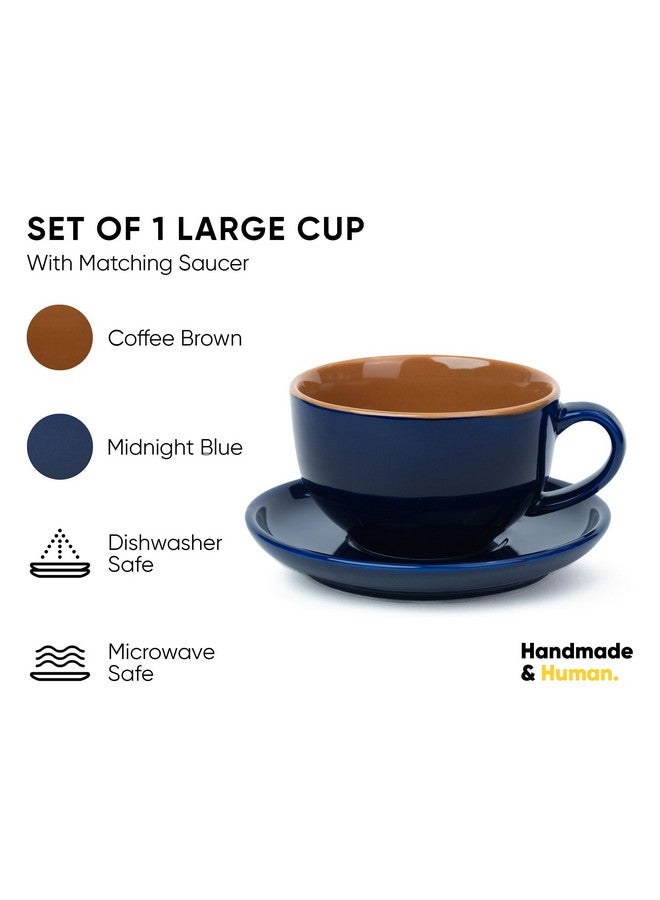 Shay طقم فنجان وصحن قهوة سيراميك كبير شاي، أزرق منتصف الليل، 320 مل | فنجان كابتشينو | تشطيب لامع | بورسلين فاخر | آمن للاستخدام في الميكروويف (فنجان وصحن XL - أزرق منتصف الليل) - Image 2