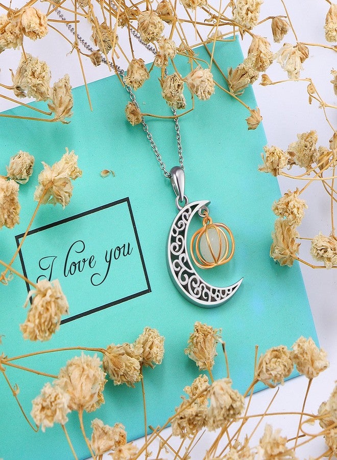 Ladytree Halloween Jewelry 925 Sterling Silver Moon and Pumpkin Luminous Beads Glow Pendant Necklace, 18 inches - Image 4
