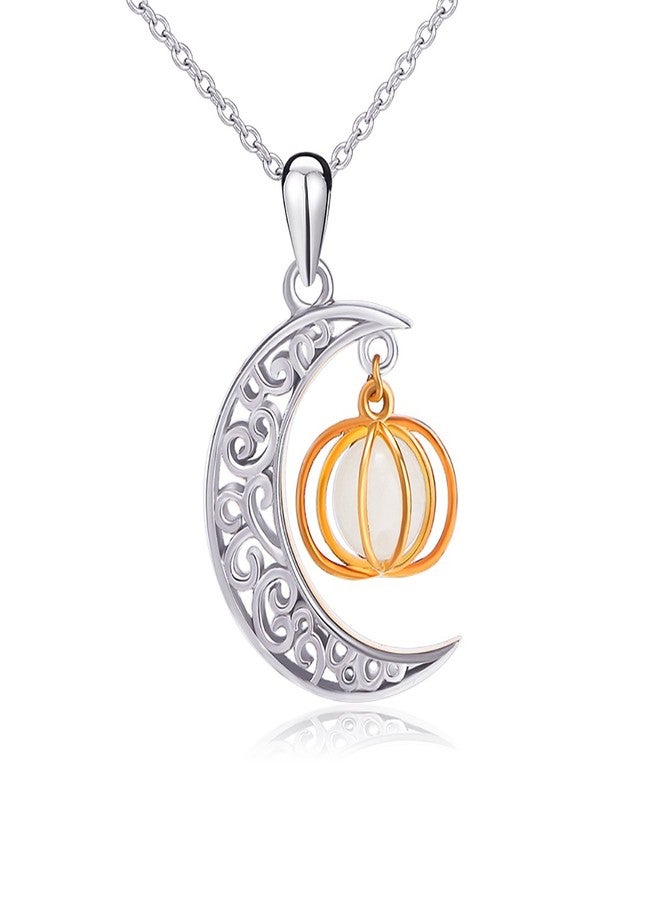 Ladytree Halloween Jewelry 925 Sterling Silver Moon and Pumpkin Luminous Beads Glow Pendant Necklace, 18 inches - Image 1