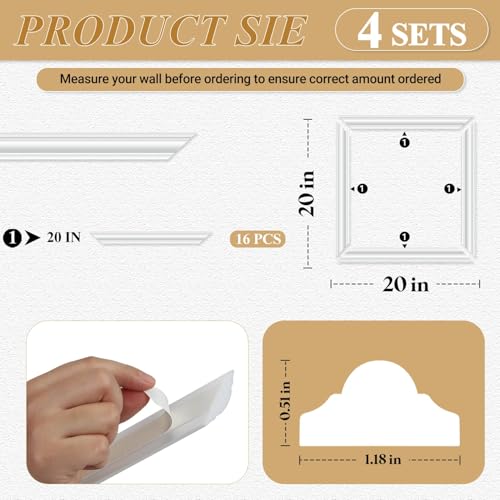 JutboRstp 4 Set Peel and Stick Wall Molding Trim Kit Premade Wainscoting Panels White Pre Cut Wall Panels for Interior Wall Decor DIY Home Decoration Picture Frame 20 x 20 Inch - Image 3