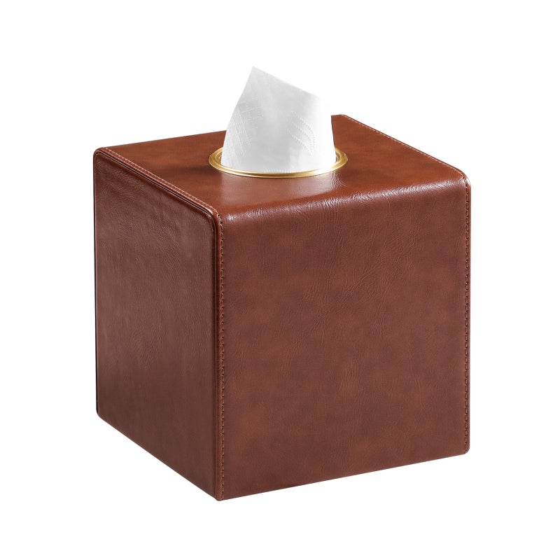 MEIBOOCH Square Tissue Box Cover, Luxury PU Leather Tissue Holder with Magnetic Closure (Brown) - Image 1