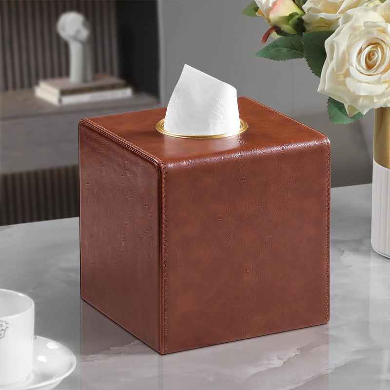 MEIBOOCH Square Tissue Box Cover, Luxury PU Leather Tissue Holder with Magnetic Closure (Brown) - Image 2