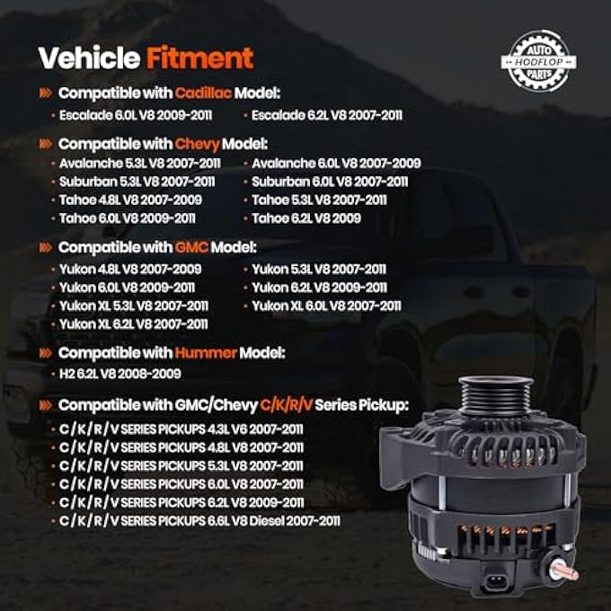 hodflop 15093928 14V 300Amp High Output Alternator Compatible with Cadillac Escalade & Chevy Avalanche Suburban Tahoe & GMC Yukon 2007-2011 & Hummer H2 2008-2009, 4.3/4.8/5.3/6.0/6.2/6.6L 15857608 15905871 - Image 2
