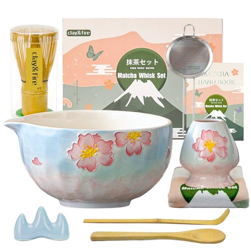 Clay&Fire Matcha Whisk Set，9 Pcs Ceramic Matcha Set, 15 OZ Matcha Bowl with Spout and Whisk，Matcha Kit for Friend, Ideal Gift for Matcha Lover（Cherry Bloom） - Image 1