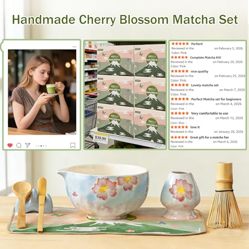 Clay&Fire Matcha Whisk Set，9 Pcs Ceramic Matcha Set, 15 OZ Matcha Bowl with Spout and Whisk，Matcha Kit for Friend, Ideal Gift for Matcha Lover（Cherry Bloom） - Image 2