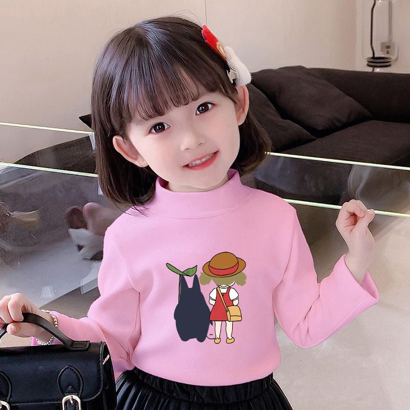 Children's Base Shirt Half-high Collar Girl's White Autumn and Winter Baby's Long-sleeved T-shirt De-velvet Base T-shirt - Image 1