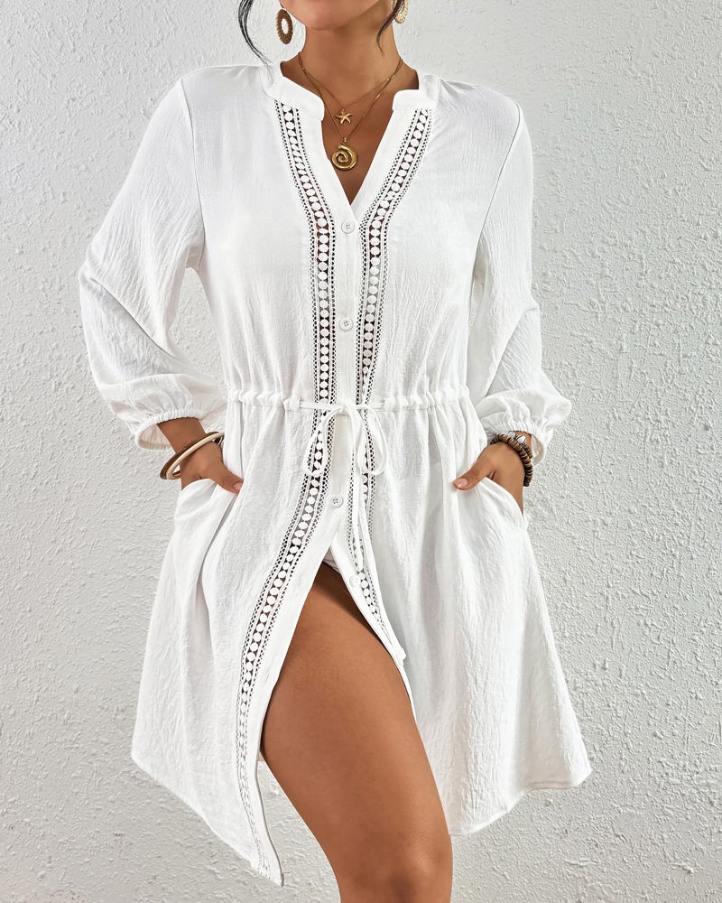 Bsubseach Swimsuit Coverup for Women V Neck Bathing Suit Cover Up with Pocket Drawstring Button Down Beach Shirt Dresses White S - Image 1