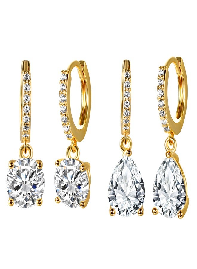 MDFUN Gold Dangle Hoop Earrings Set for Women 18K Gold Plated Hypoallergenic Dangling Huggie Earring Sets Cubic Zirconia Drop Jewelry Gifts for Her (Round/Teardrop) - Image 1