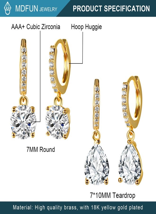 MDFUN Gold Dangle Hoop Earrings Set for Women 18K Gold Plated Hypoallergenic Dangling Huggie Earring Sets Cubic Zirconia Drop Jewelry Gifts for Her (Round/Teardrop) - Image 4