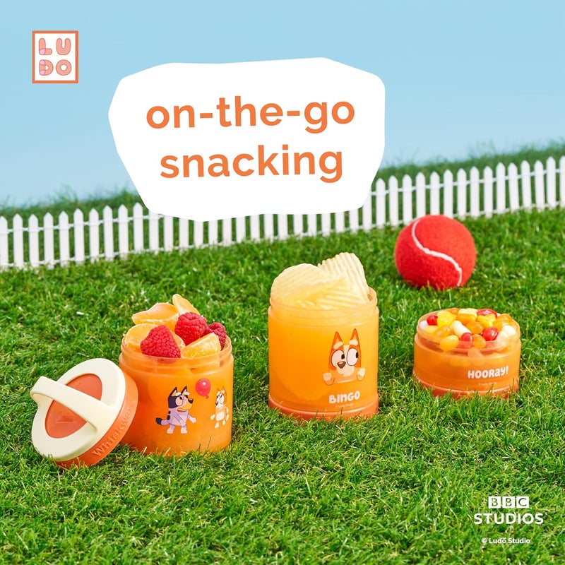 ويسك وير Whiskware Bluey Stackable Snack Containers for Kids and Toddlers, 3 Stackable Snack Cups for School and Travel, Bluey and Bingo, Hooray! - Image 4