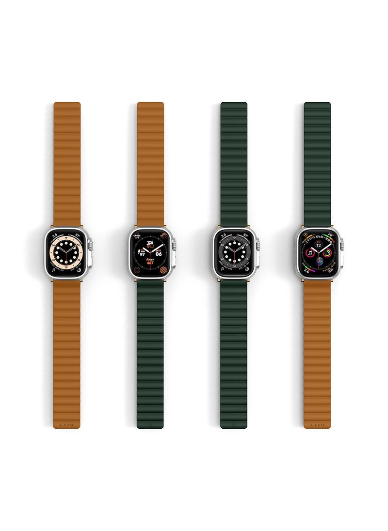 A-CASE - INVIX Reversible Magnetic Silicone Strap for Apple Watch 42/44/45/49MM - Ultra-Soft, Waterproof, Adjustable with Stainless Steel Connectors - Comfortable & Stylish - Green/Brown - Image 1