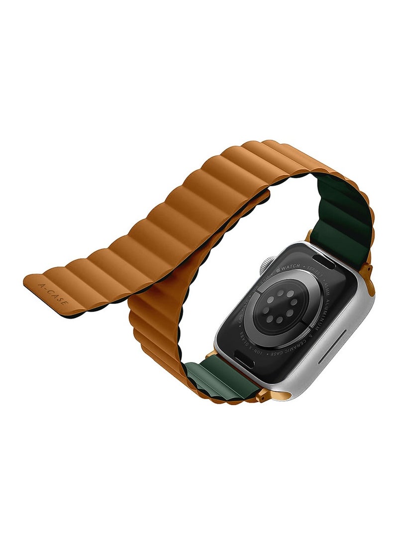 A-CASE - INVIX Reversible Magnetic Silicone Strap for Apple Watch 42/44/45/49MM - Ultra-Soft, Waterproof, Adjustable with Stainless Steel Connectors - Comfortable & Stylish - Green/Brown - Image 1