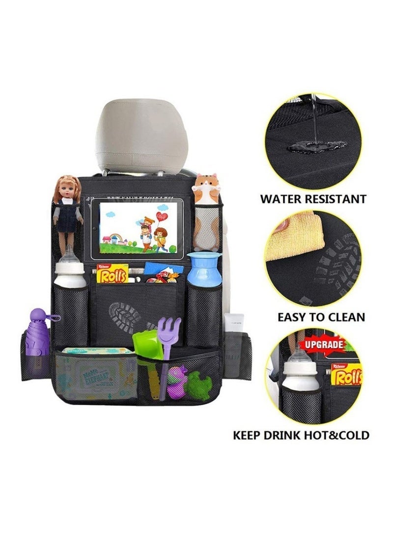 Car Seat Back Organizer, Waterproof Vehicle Storage Bag with Touch Screen Tablet Holder & 9 Pockets, Auto Kick Mats Back Seat Protector for Kids, Universal Travel Accessories (Black) - Image 1