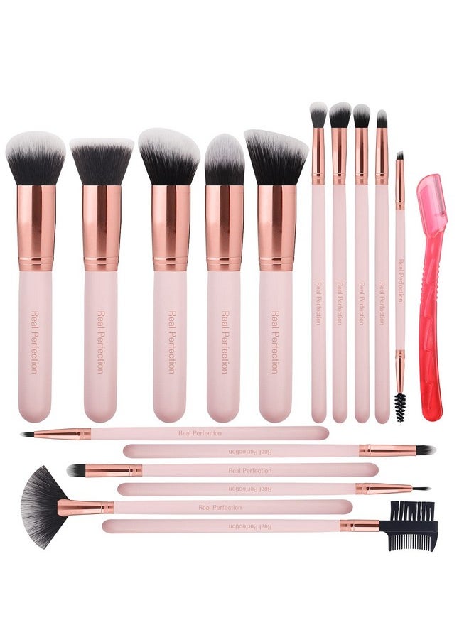 Real Perfection - Real Perfection Makeup Brush Set 16 Pcs with 1 Eyebrow Razor Premium Synthetic Foundation Powder Concealers Eyeshadow Blush Makeup Brushes Make up Brushes Kit (Pink) - Image 1