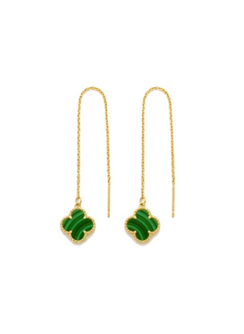 18K Gold Plated Stainless Steel Aesthetic Exquisite Luxury Elegant Dainty Cute Trendy High-End Hypoallergic Four Leaves Love Lucky Flower Pull Through Threader Earrings Jewelry Gift For Women Malachite