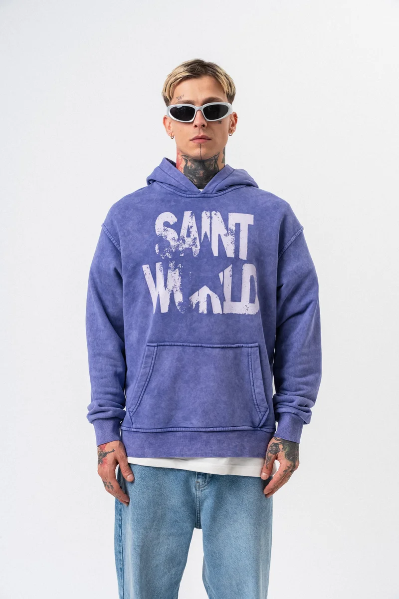 RESPIRE Men’s Star Printed Washed Oversize Hoodie Purple