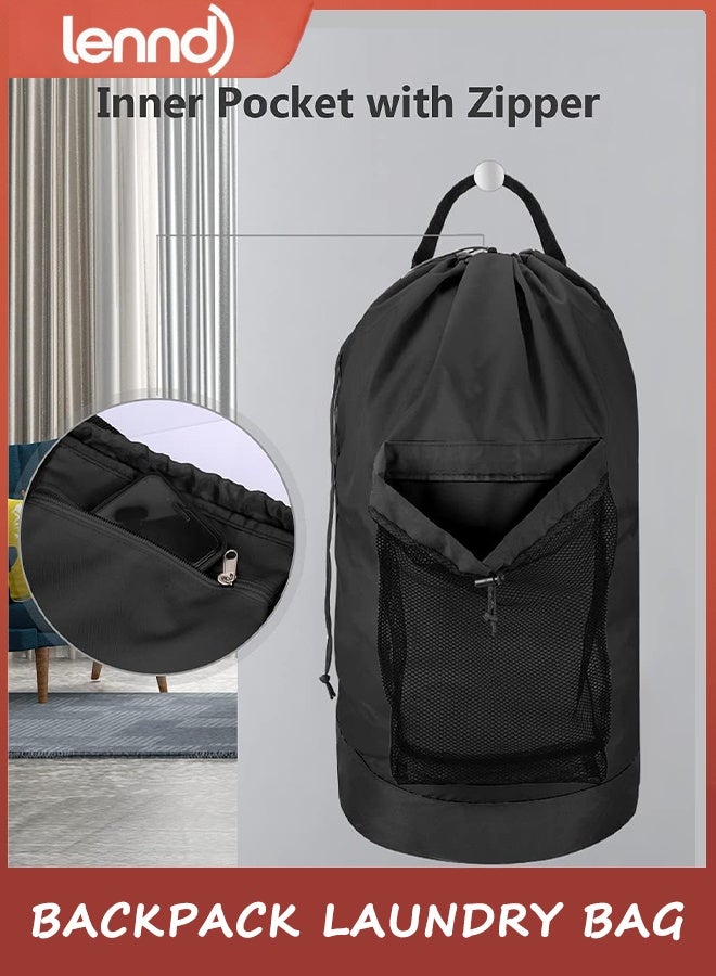 لينند حقيبة ظهر للغسيل، حقيبة ظهر للغسيل مع أحزمة كتف وجيب شبكي، حقيبة سلة غسيل متينة من النايلون مع رباط إغلاق للكلية والسفر والمغسلة والشقق - Image 4