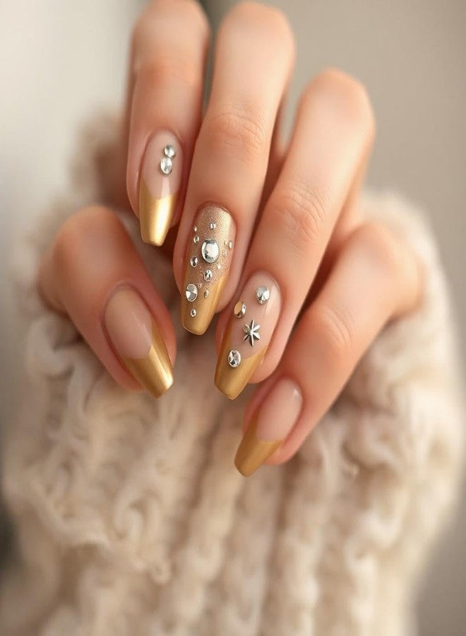 FAVHOME 24 PCS Fake Artificial Nail Set with Self-Adhesive Stickers | Artificial Nails for Home Manicure, Parties, Weddings, and Quick Setting Press-On Nails with Designs (Gold, Standard) - Image 1