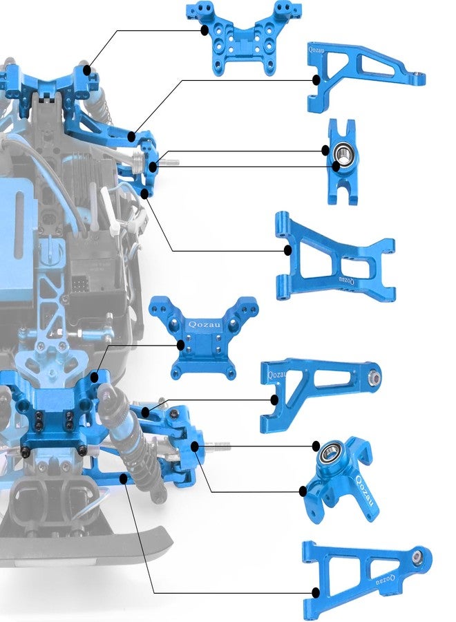 QOZAU 8pcs Aluminum Spare Part Set Front/Rear Suspension Arms, Steering Knuckles, Rear Hubs, Steering Linkage Metal Upgrade Kit for MJX Hyper GO RC Car 16207 M162 M163 H16P (Blue) - Image 4