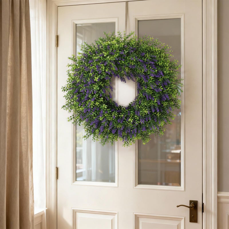 Juxdp 26" Artificial Lavender & Boxwood Wreath for Front Door - Large Faux Purple Greenery Outdoor Wreath for Home, Farmhouse, Window, Wall Decor | Spring Summer All Seasons - Image 4
