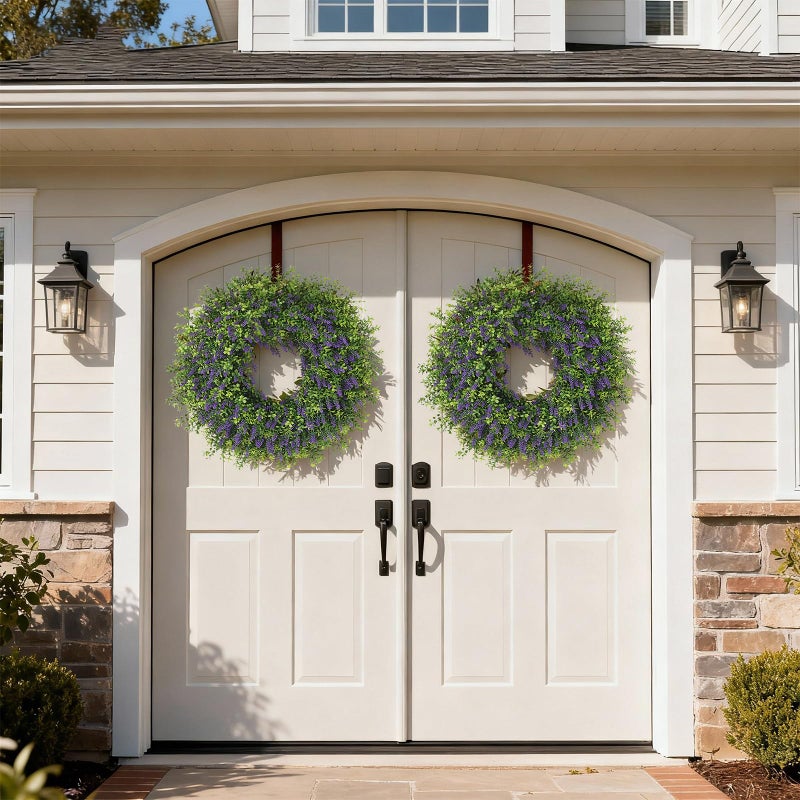 Juxdp 26" Artificial Lavender & Boxwood Wreath for Front Door - Large Faux Purple Greenery Outdoor Wreath for Home, Farmhouse, Window, Wall Decor | Spring Summer All Seasons - Image 3