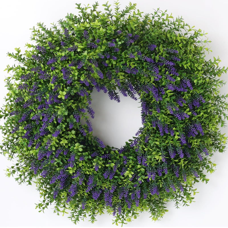 Juxdp 26" Artificial Lavender & Boxwood Wreath for Front Door - Large Faux Purple Greenery Outdoor Wreath for Home, Farmhouse, Window, Wall Decor | Spring Summer All Seasons - Image 1