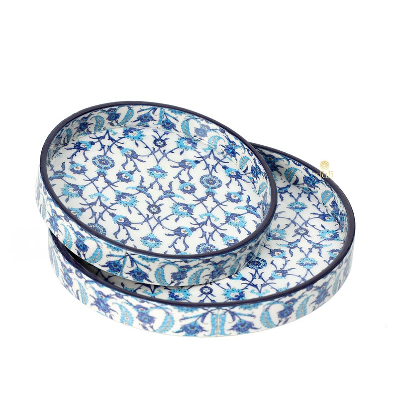 DULI Set of 2 MDF Wood Trays Enamel Coated| Round Trays Set of 2 | Serving Trays | Wooden Tray | Kitchen&Dining Decorative | Resin Tray | Handmade | 7x7 & 9x9 inches (Setof2Round- BlueMoroccan) - Image 2