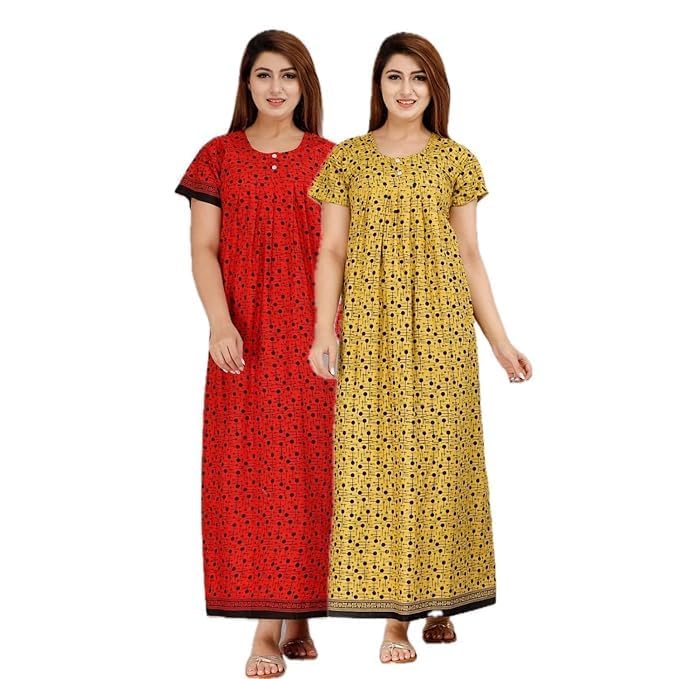 Vlazom Women’s Cotton Printed Maxi Nighty – Ankle Length Night Dress Gown, Pack of 2, Free Size – Soft & Breathable Sleepwear (Red&Yellow_a, Free Size) - Image 1