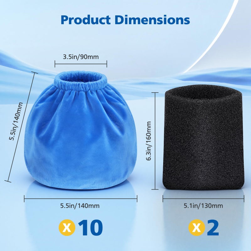 LINNIW 10 Pack VRC2 Cloth Filters for Vacmaster 1.5â€“3.2 Gallon Wet/Dry Vacuums, Compatible with Armor All 1.5 & 2.5 Gallon Shop Vac AA155, AA255, AA255W, Plus 2 Pack VFF21 Foam Filters for Wet Pick-Up - Image 3