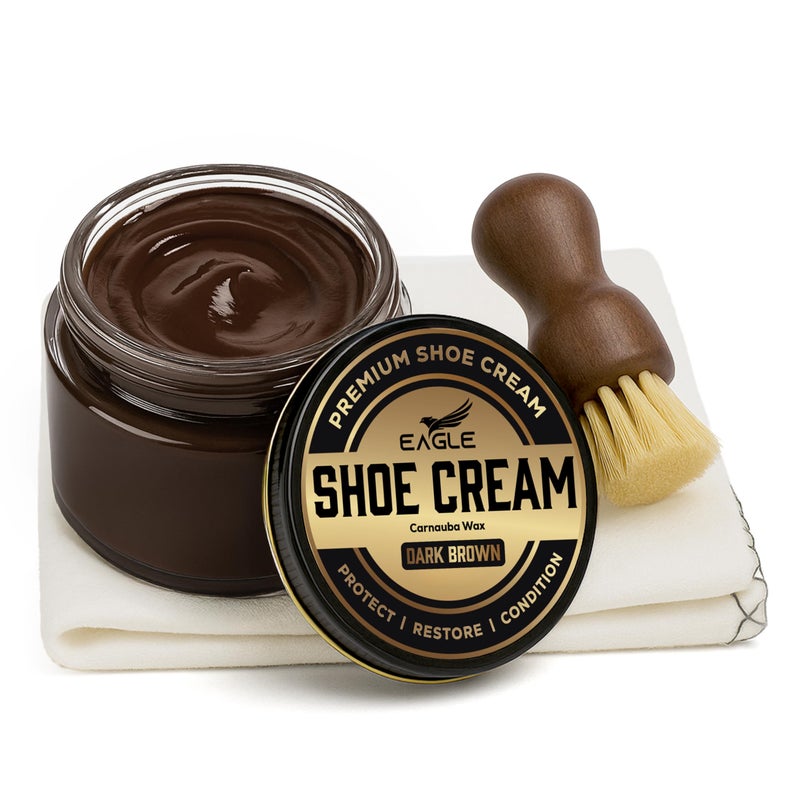Eagle Shoe Cream Polish Kit Dark Brown â€“ 3 Piece Boot & Shoe Care Set with Carnauba Wax Cream, Applicator Brush & Shining Cloth | Protect, Restore & Condition Leather Shoes & Boots - Image 1