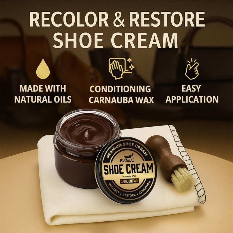 Eagle Shoe Cream Polish Kit Dark Brown â€“ 3 Piece Boot & Shoe Care Set with Carnauba Wax Cream, Applicator Brush & Shining Cloth | Protect, Restore & Condition Leather Shoes & Boots - Image 3