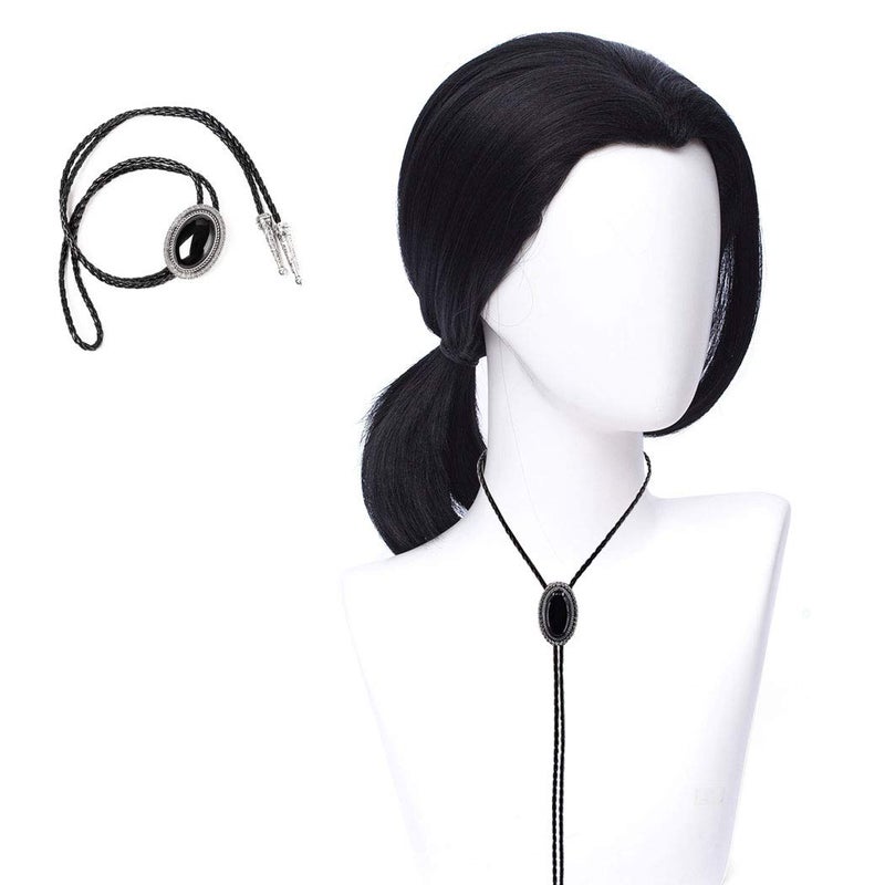 QACCF Mens 70s hippie Short Straight Black Vincent Vega Costume Wig with Widows Peak  1 Bolo Tie