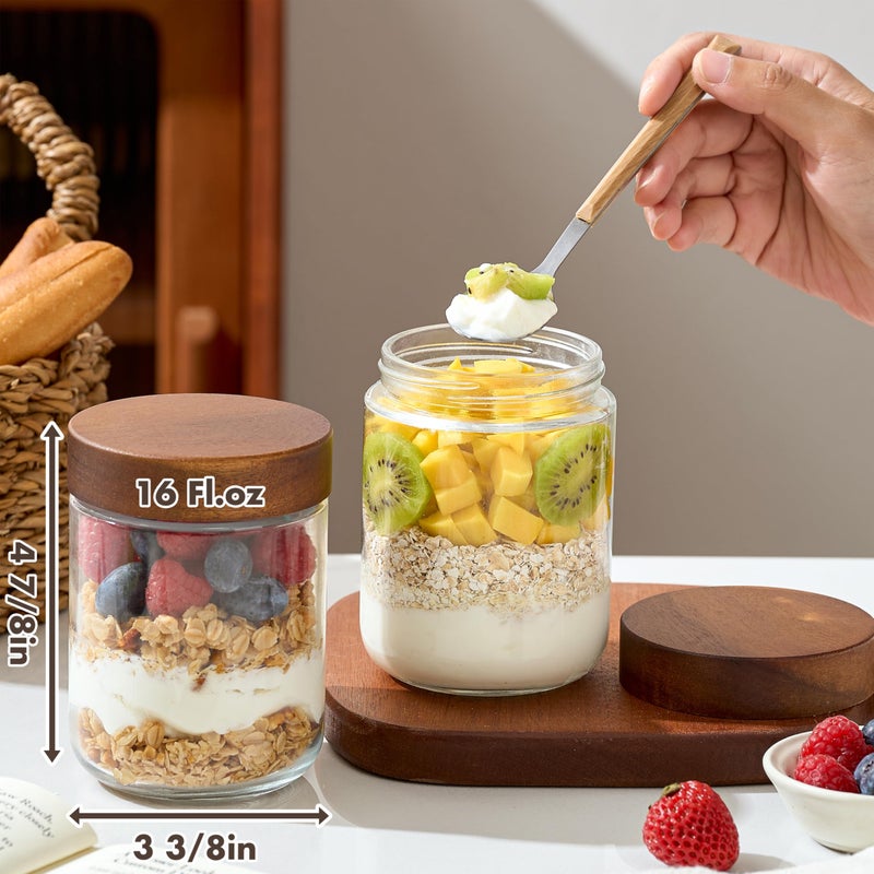 Danmu 16 oz Overnight Oats Containers with Lids,Salad Jar,Glass Jar with Wooden Lid 6 Pack,Mason Jars 16 oz with Lids for Snack,Overnight Oats,Meal Prep,Yogurt,Parfait,Soup,Salad 100% Leak-proof - Image 3