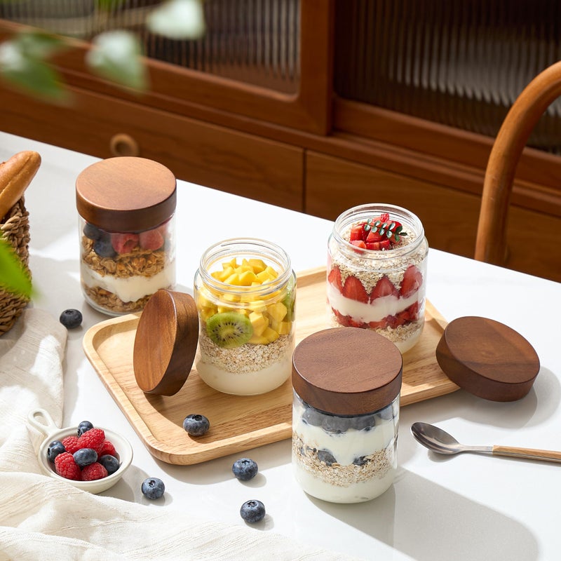 Danmu 16 oz Overnight Oats Containers with Lids,Salad Jar,Glass Jar with Wooden Lid 6 Pack,Mason Jars 16 oz with Lids for Snack,Overnight Oats,Meal Prep,Yogurt,Parfait,Soup,Salad 100% Leak-proof - Image 4