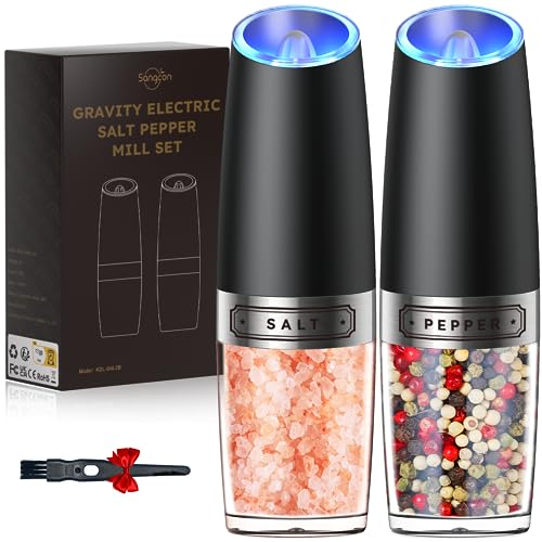 Sangcon Gravity Electric Salt and Pepper Grinder Set Automatic Shakers Mill Grinder with LED Light BATTERY POWERED Adjustable Coarseness One Hand Operation Upgraded Larger Capacity