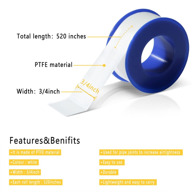 VOTMELL 4 Rolls 3/4 Inch(W) X 520 Inches(L) Teflon Tape for Plumbers, PTFE Thread Seal, Pipe Sealing, Shower Head - White - Image 4