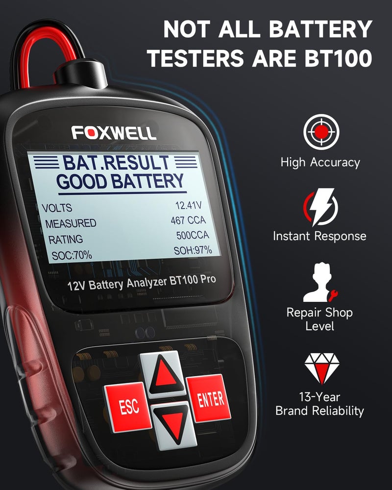 FOXWELL BT100 PRO 12V Car Battery Tester, 100-1100CCA Battery Load Tester, Automotive Digital Analyzer for Cars Trucks Motorcycles SUVs and Marine - Image 4