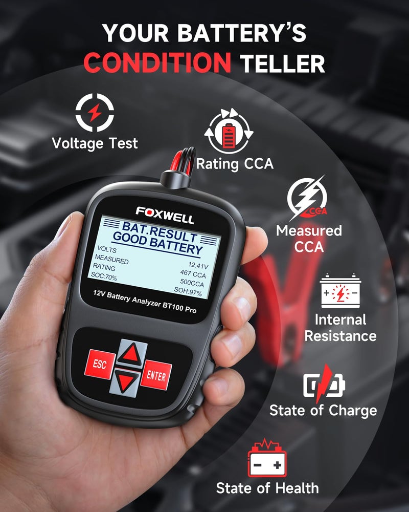 FOXWELL BT100 PRO 12V Car Battery Tester, 100-1100CCA Battery Load Tester, Automotive Digital Analyzer for Cars Trucks Motorcycles SUVs and Marine - Image 2