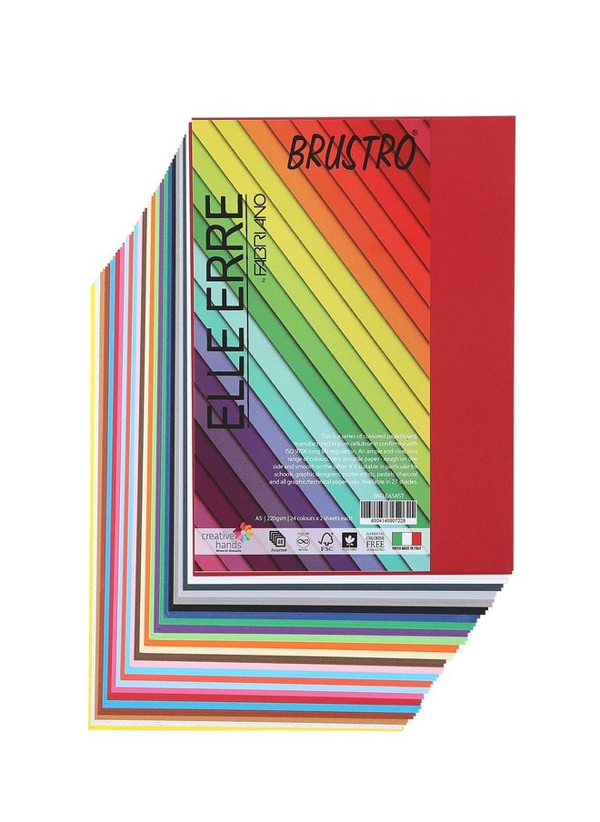 BRUSTRO BRUSTRO Elle Erre Coloured Card Stock Craft Paper A5 Size, 220 GSM Assorted Colour, Pack of 24 Shades X 2 Sheets (Total 48 Sheets).  - Image 1