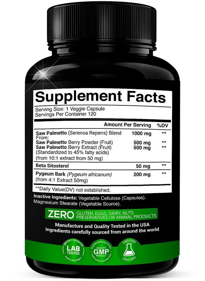 Saw Palmetto Pygeum Bark And Beta Sitosterol Supplement  Saw Palmetto Berry Complex Supplements  Urinary Function Prostate Inflammation  Dht Blocker For Hair Growth 120 Veggie Caps Made In Usa