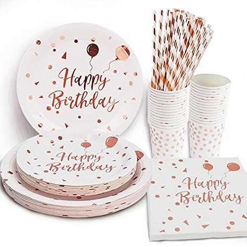 LIUGUSUN White Rose Gold Party Supplies Rose Gold Dots Happy Birthday Paper Plates and Napkins Cups and Straws Birthday Party Decorations for Girls and Women Serves 24 - Image 1