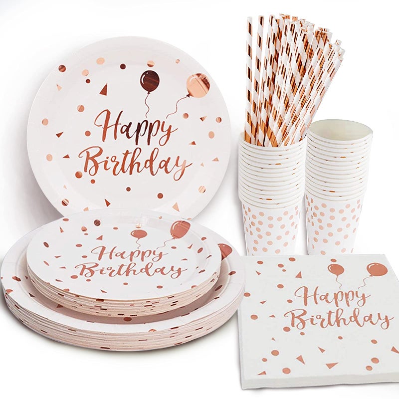 LIUGUSUN White Rose Gold Party Supplies Rose Gold Dots Happy Birthday Paper Plates and Napkins Cups and Straws Birthday Party Decorations for Girls and Women Serves 24 - Image 2