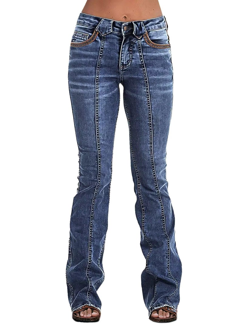Flamingals Boot Cut Jeans for Women Mid Rise Butt Lifting Stretchy Trendy Bell Bottom Flare Denim Jeans Navy Blue S - Image 2